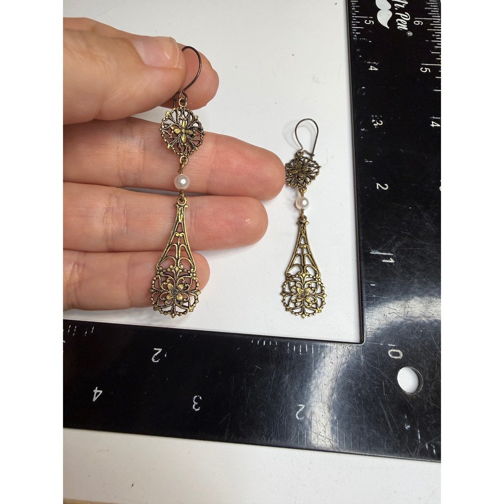 Antique Brass Filigree Drop Earrings Faux Pearl Art Nouveau Floral Dangle